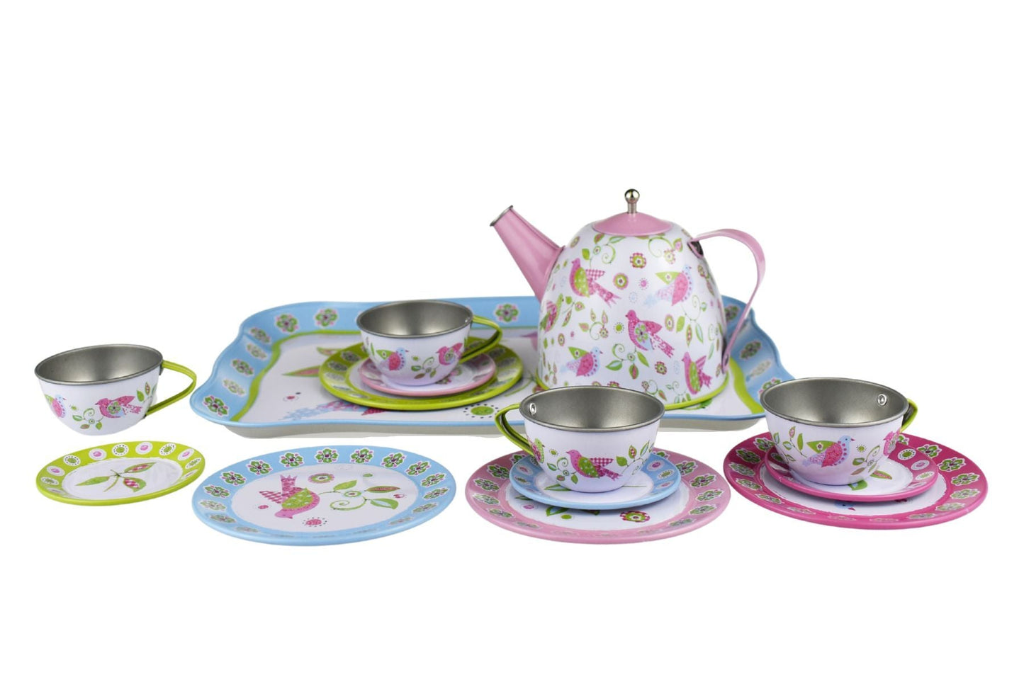 Colorful bird-themed tin tea set in convenient suitcase perfect for childrens imaginative play.