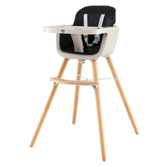 wooden high chair transforms into booster seat and child chair, featuring removable tray and sleek black design.