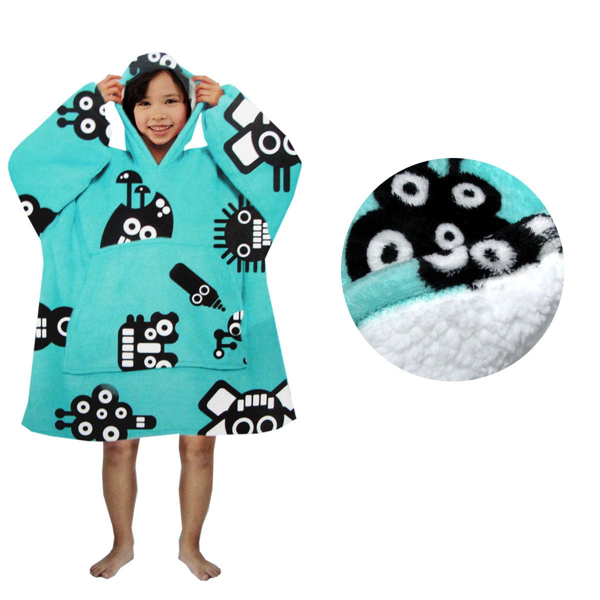 Kids Aqua Robot Blanket Hoodie | Plush sherpa fabric for cozy warmth and fun design.