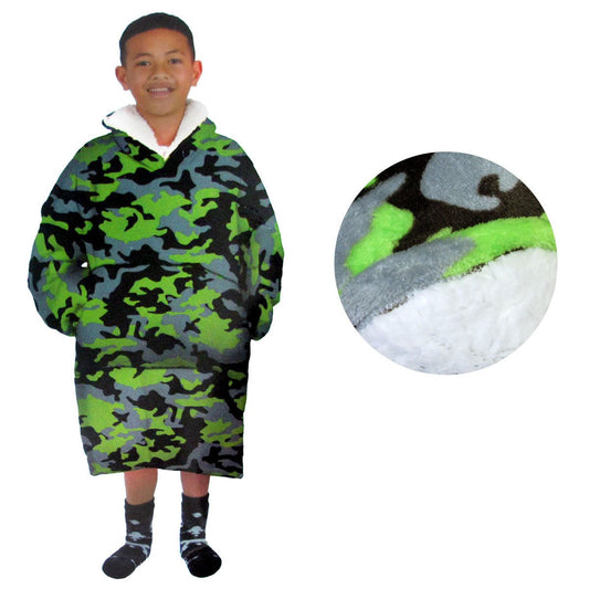 Kids green camo sherpa blanket hoodie for cozy comfort at home or on-the-go.