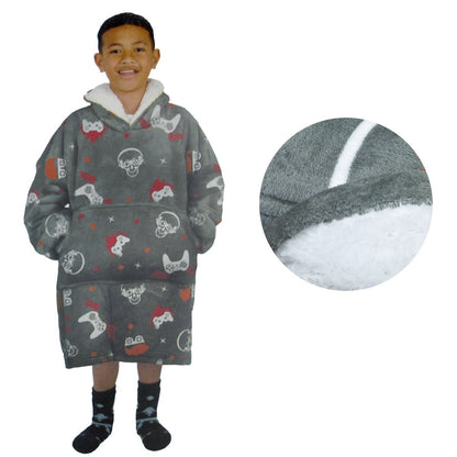 Childrens cozy Sherpa-lined blanket hoodie, multiple designs. Perfect for warmth and comfort at home.