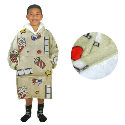 Kids Sherpa Blanket Hoodie with Movie Addict Design, perfect for cozy movie nights.