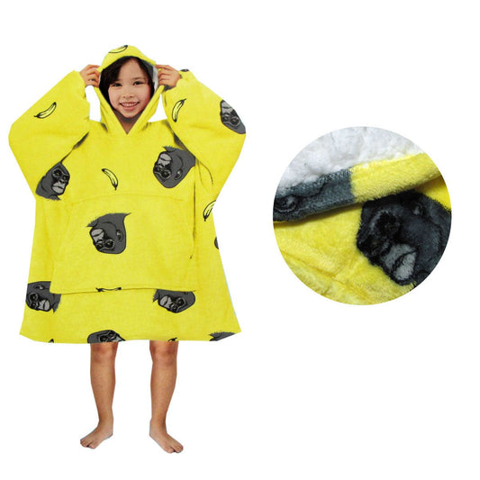 Yellow King Kong-themed Sherpa blanket hoodie for kids, perfect for cozy home lounging.