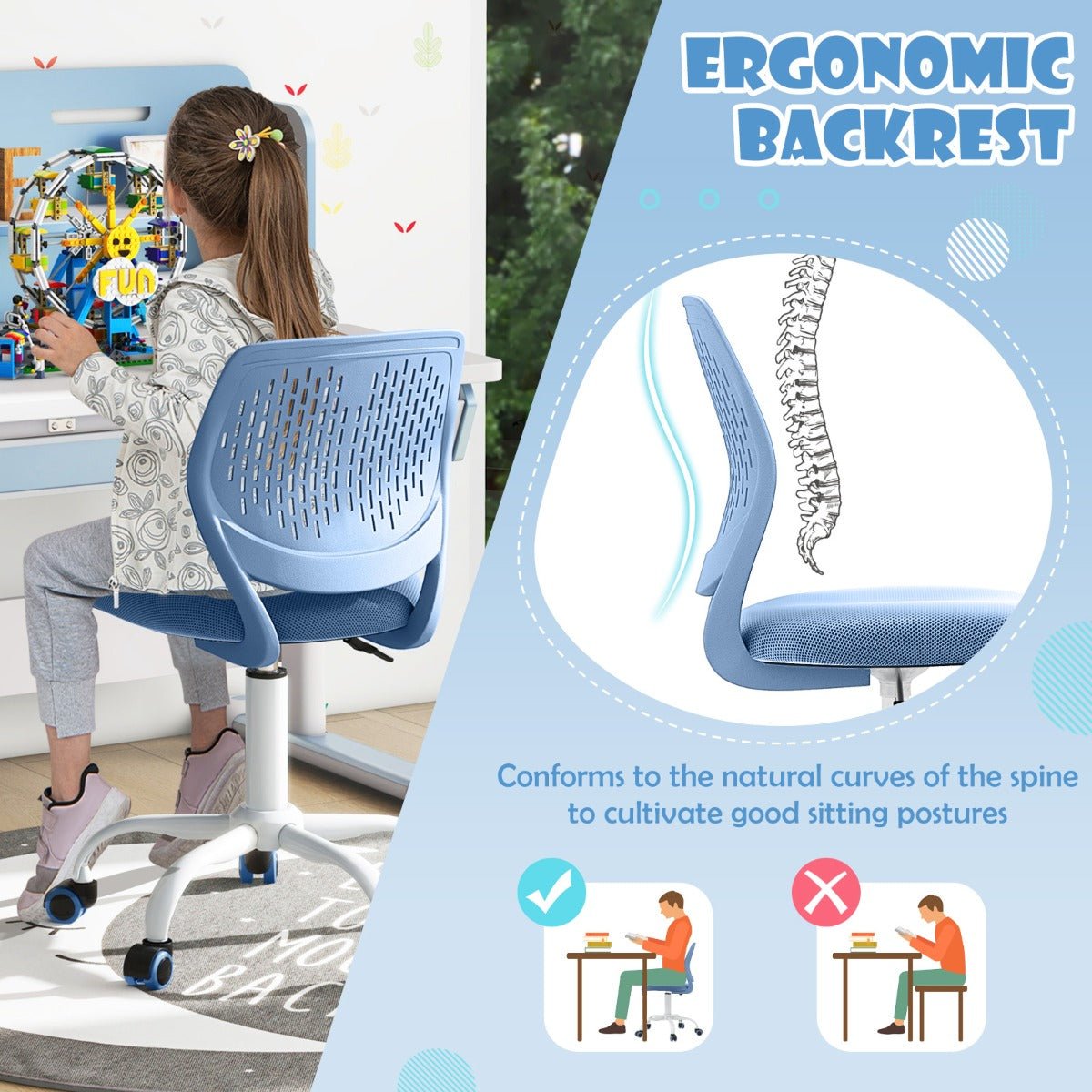 Blue adjustable ergonomic desk chair for kids comfortable and healthy study sessions at home.