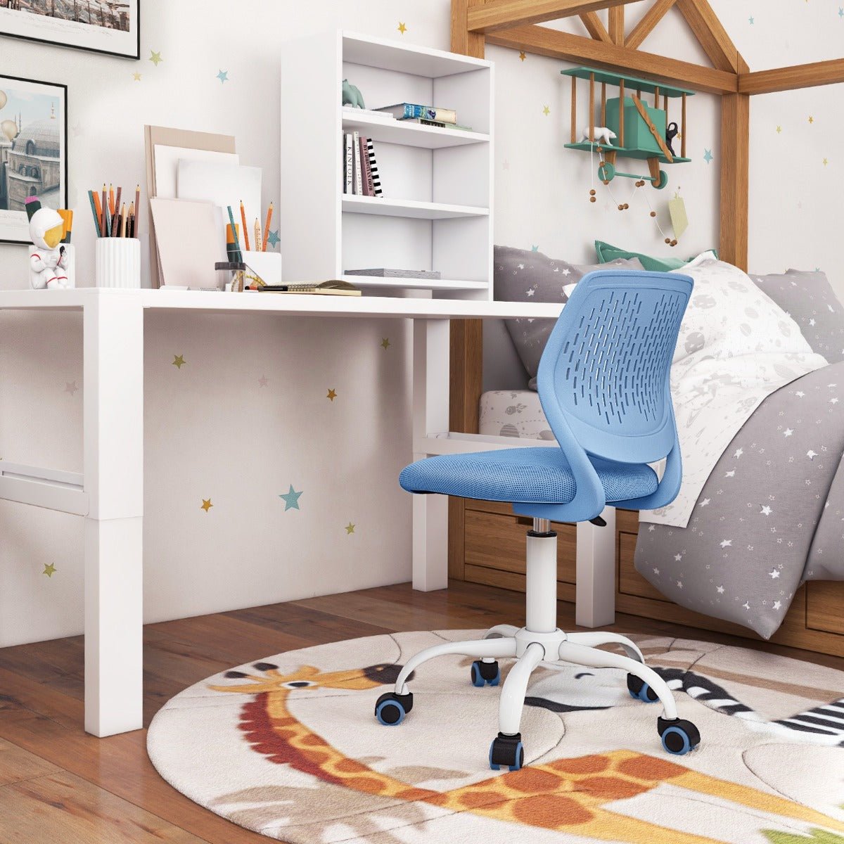 Blue adjustable ergonomic chair for kids study, supporting healthy posture at home learning.