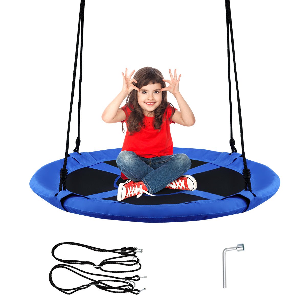 Blue Flying Saucer Tree Swing - 100cm outdoor fun for kids. Unique backyard playtime.
