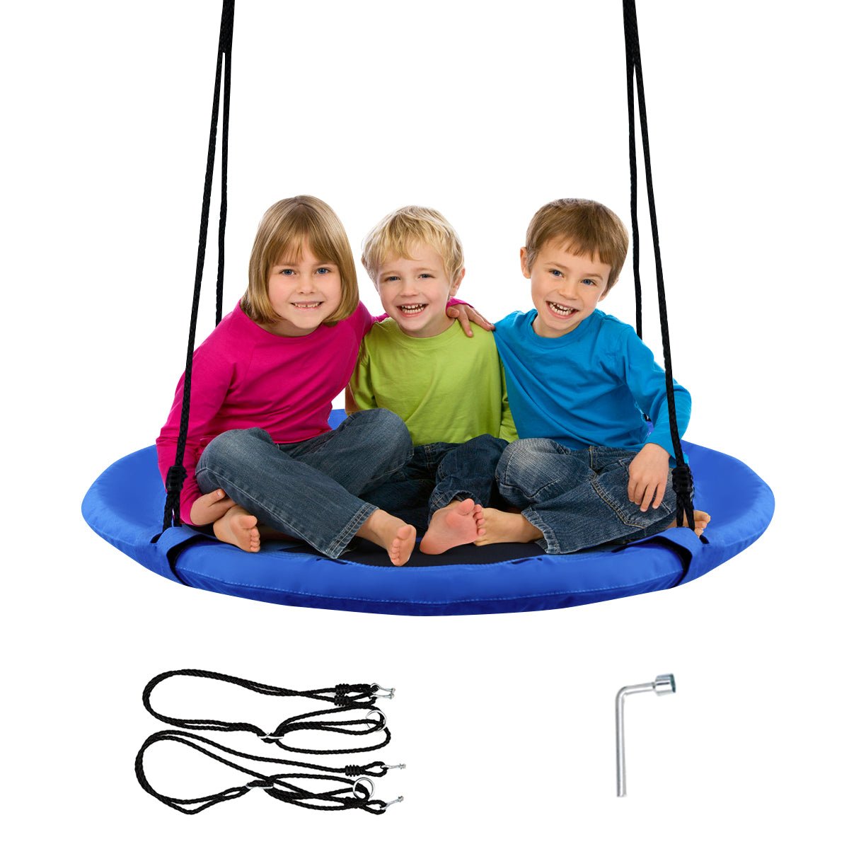 Blue 100cm flying saucer tree swing for kids, perfect for outdoor fun at home.