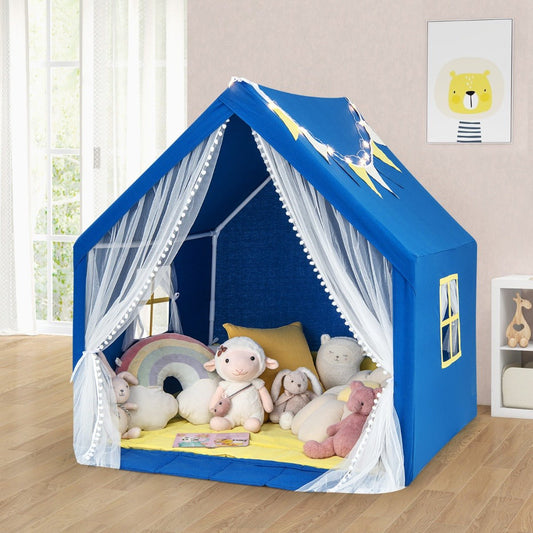 Blue kids play tent with lights and mat for indoor/outdoor fort playtime.