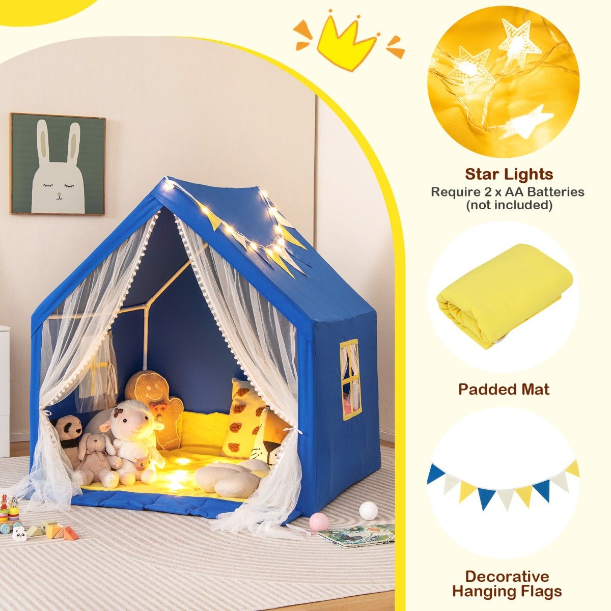 Blue Kids Play Tent with Cotton Mat and Star Lights - Kids Mega Mart