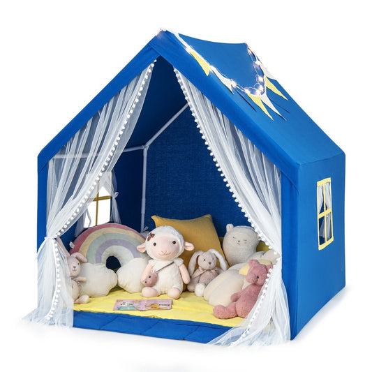 Blue play tent with lights, mat - indoor/outdoor kids fort for imaginative play.