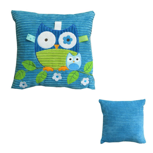 Adorable blue owl cushion with intricate embroidery, perfect for a cozy kids room decor.