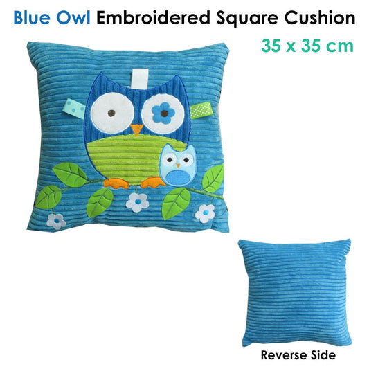 Blue owl cushion with playful embroidery, ideal for adding charm to kids room decor.