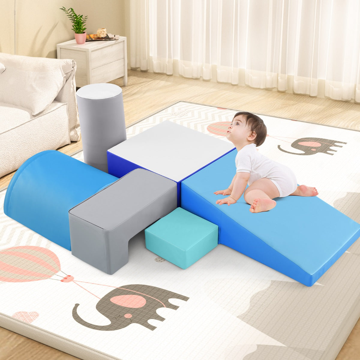 Blue foam climbing blocks set with 6 pieces, safe and fun for kids at home.