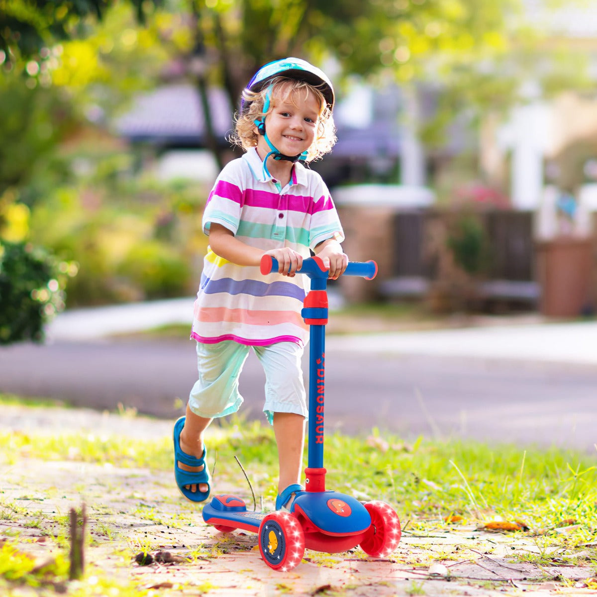 3-wheel kids scooter with adjustable height for ages 3+, features light-up wheels.