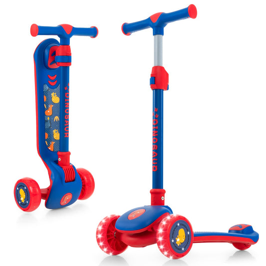 Kids scooter with LED lights, adjustable height, suitable for ages 3 and up.