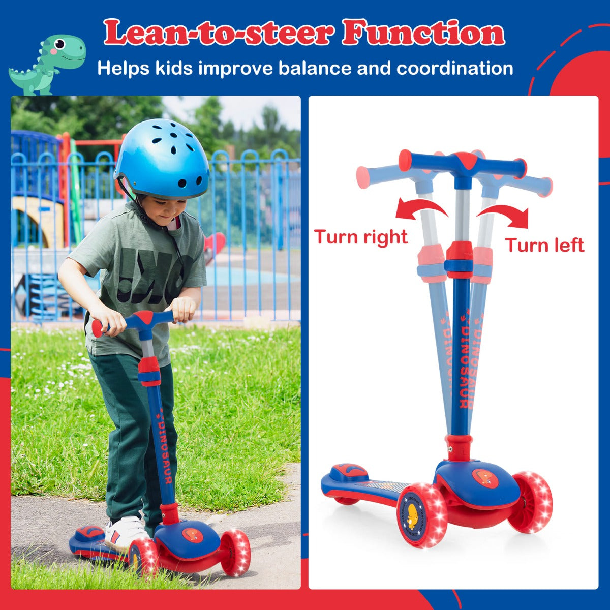 Kids light-up 3-wheel scooter with adjustable height for ages 3+, perfect for outdoor fun.