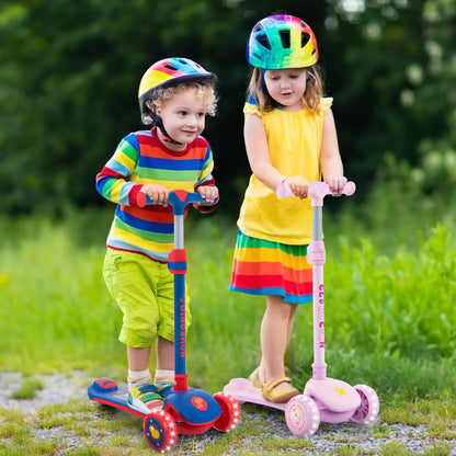 Kids 3-wheel scooter with adjustable height and light-up feature for ages 3+.