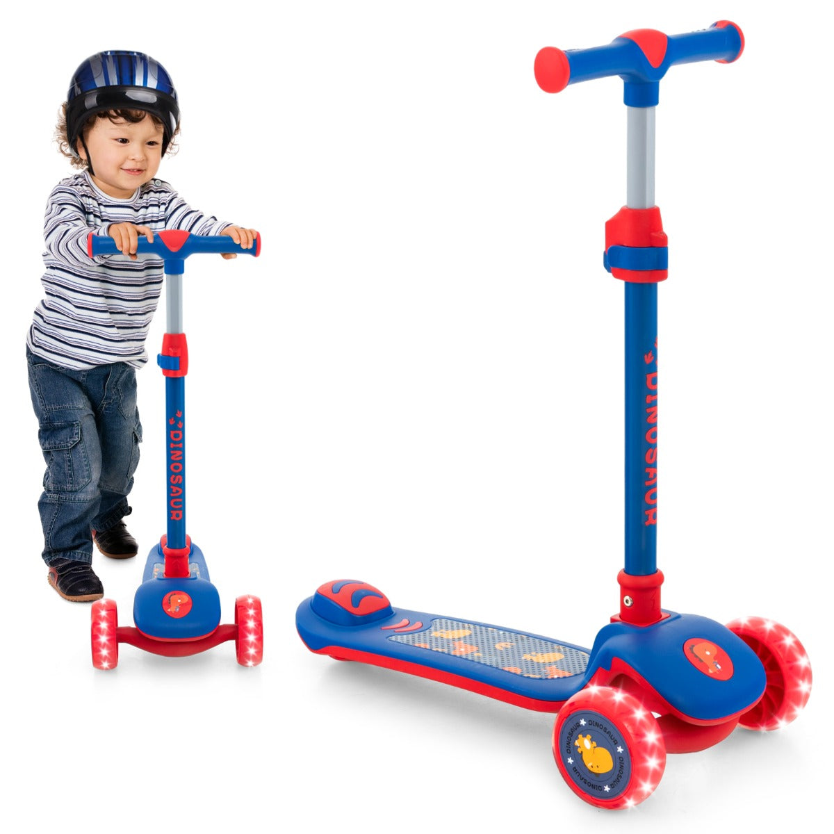 Kids scooter with adjustable height, light-up wheels for ages 3+, perfect for outdoor play.