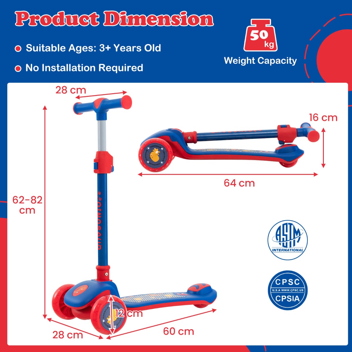 Kids 3-wheel scooter with height adjustability and light-up feature for ages 3+.