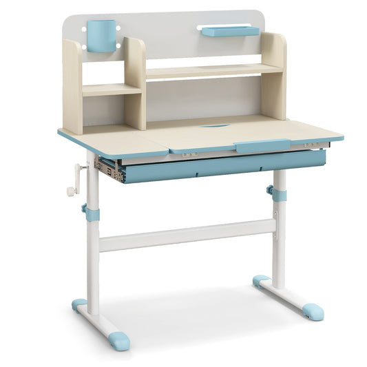 Blue adjustable study desk for kids ages 3-12, with convenient storage, perfect for home learning.