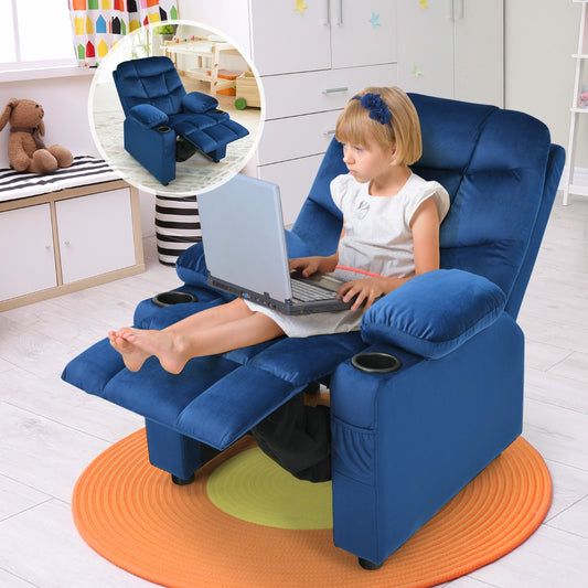 Kids recliner chair with cup holders for comfortable lounging, ideal for children 3+ years.