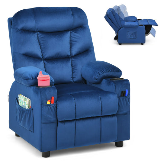 Kids recliner chair with cup holders, cozy velvet lounger for boys and girls aged 3+.