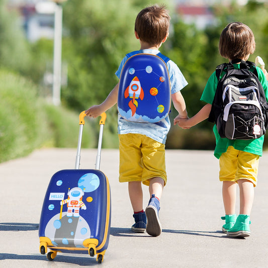 Blue astronaut-themed luggage set for children features two extendable pieces, perfect for space-loving young travelers.