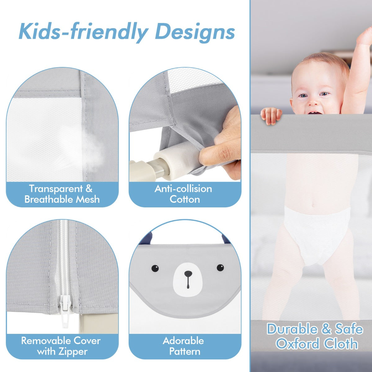 Grey Vertical Lifting Toddler Bed Rail | Double Lock & 24 Heights