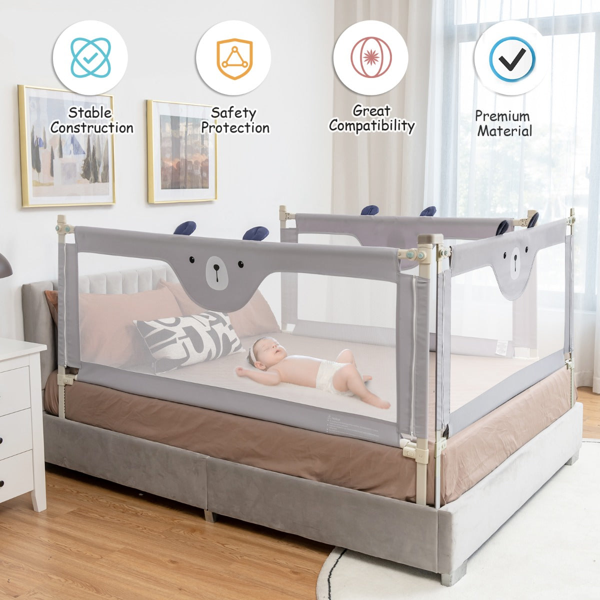 Grey Vertical Lifting Toddler Bed Rail | Double Lock & 24 Heights