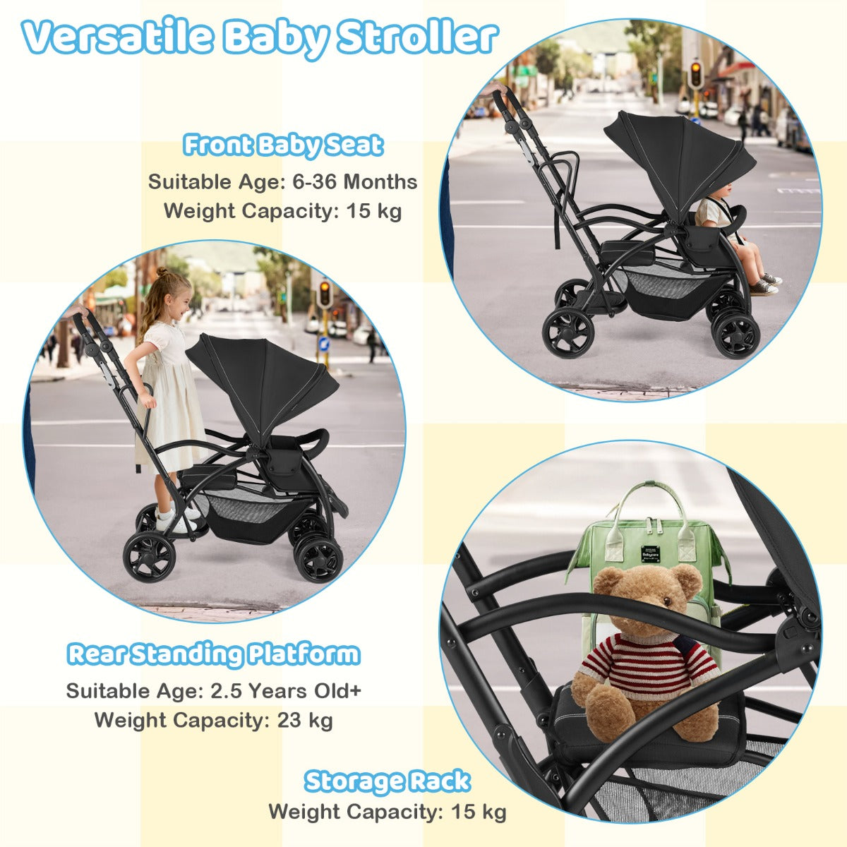 Black Foldable 2-in-1 Double Stroller | Adjustable Handlebar