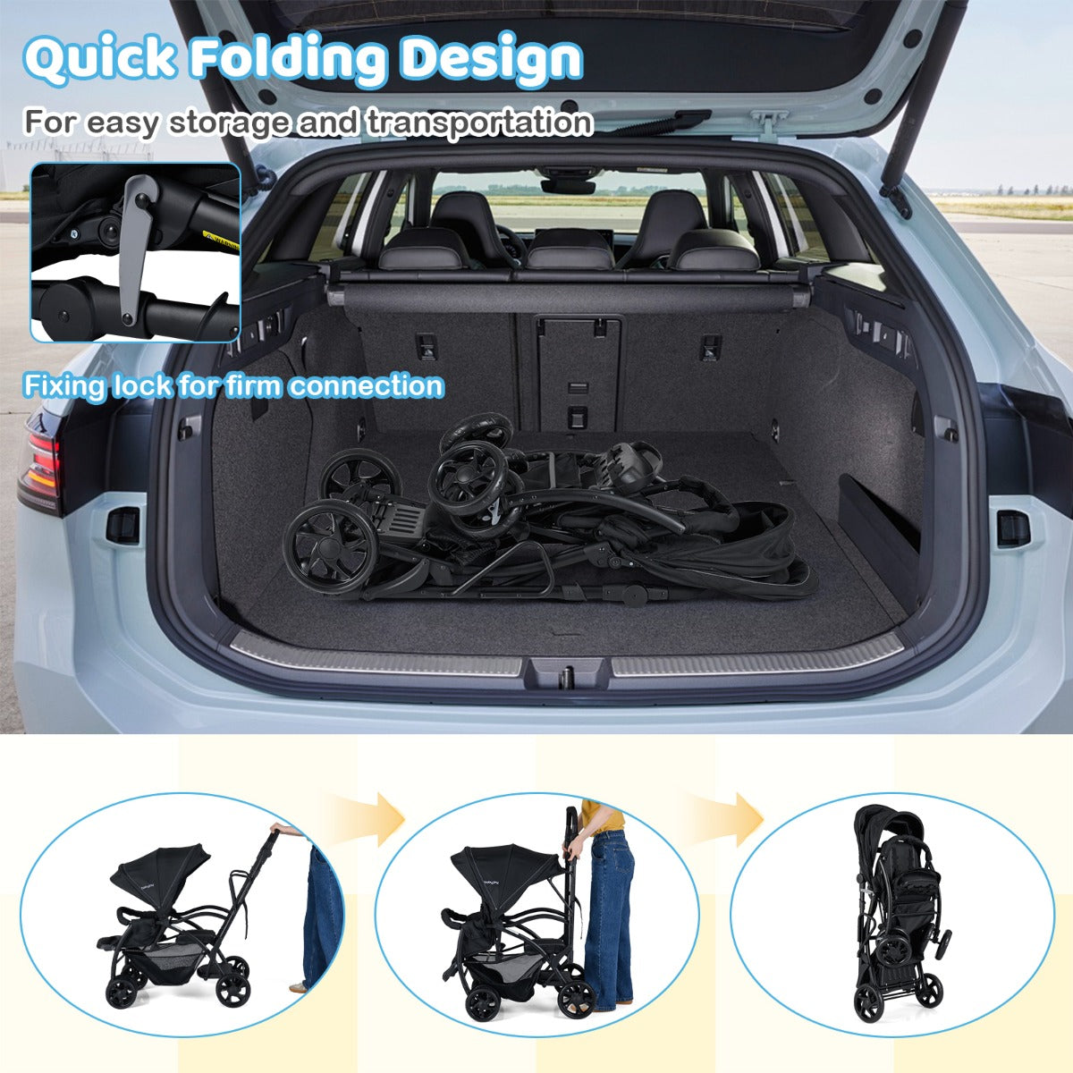 Black Foldable 2-in-1 Double Stroller | Adjustable Handlebar