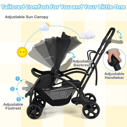 Black Foldable 2-in-1 Double Stroller | Adjustable Handlebar