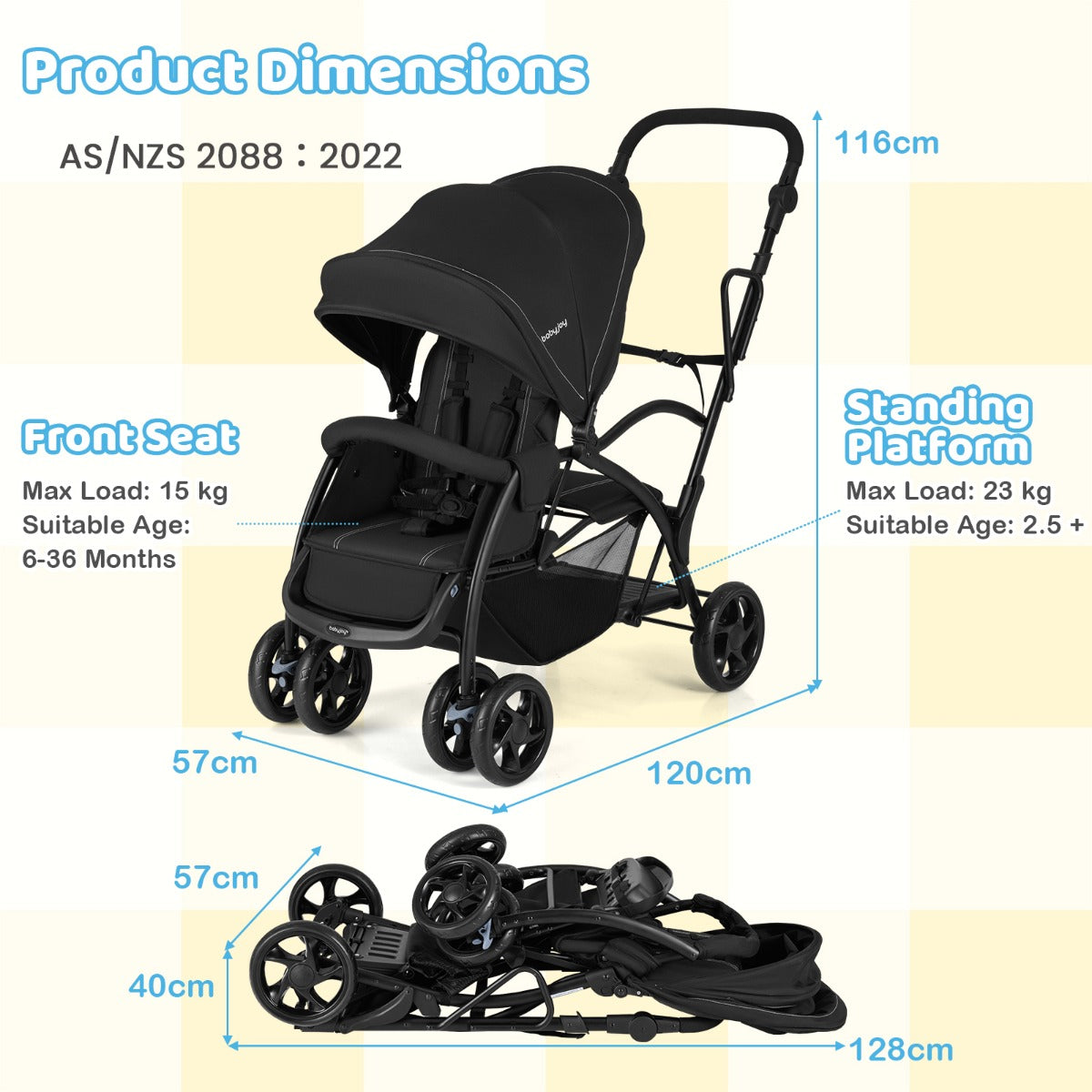 Black Foldable 2-in-1 Double Stroller | Adjustable Handlebar
