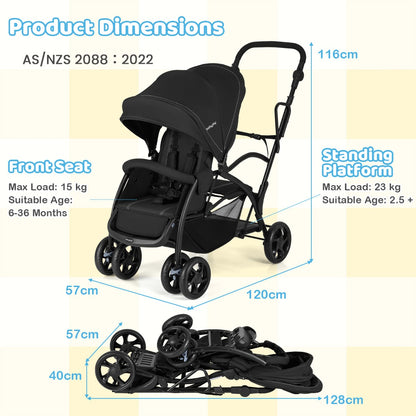 Black Foldable 2-in-1 Double Stroller | Adjustable Handlebar