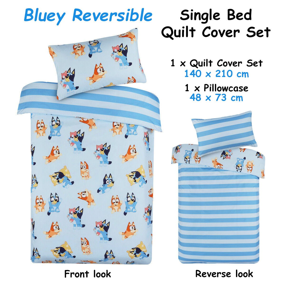 Caprice Bluey Bingo reversible striped quilt cover set, perfect for single beds.