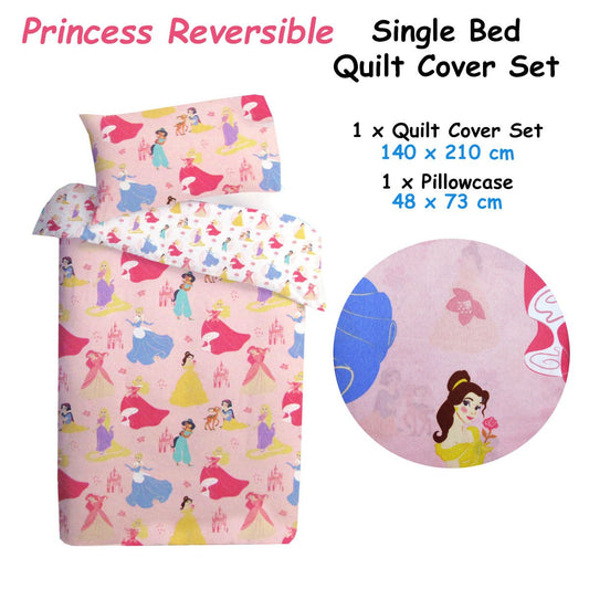 Disney Princess reversible quilt cover set for single beds, adds magic to kids room.