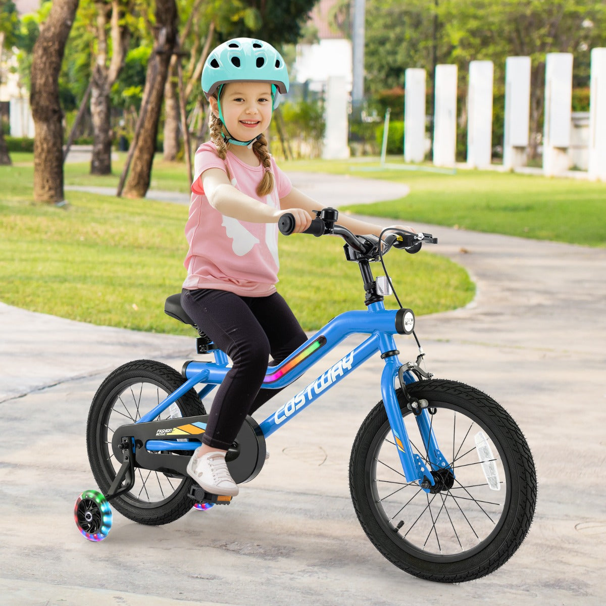 Costway Kids Bike Carbon Steel LED Lighted Children Bicycle Adjustable-Navy-16 inches