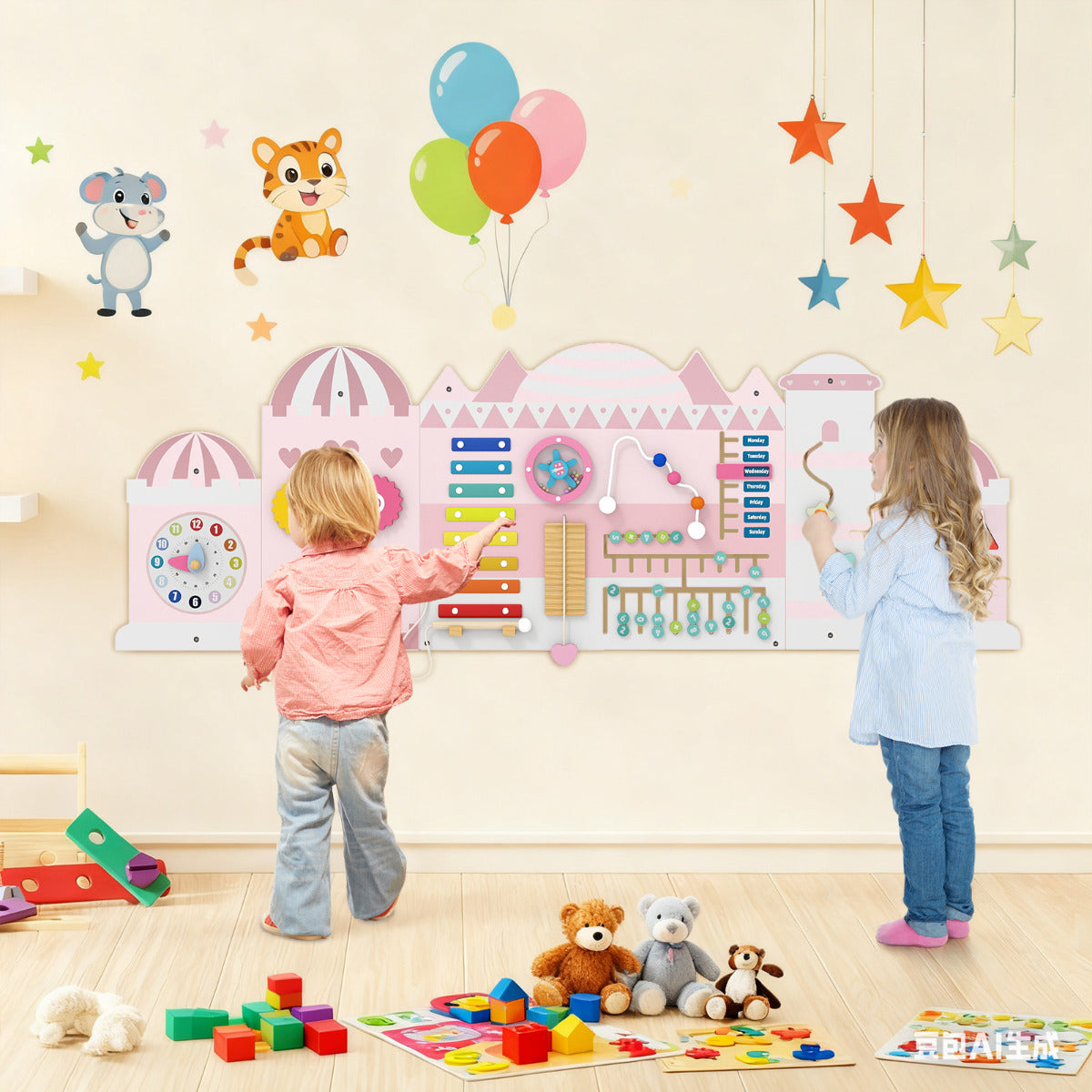 Pink Castle Wooden Busy Board | 11 In 1 Montessori Wall Panels
