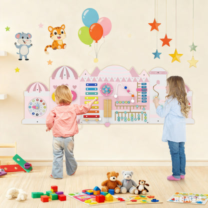 Pink Castle Wooden Busy Board | 11 In 1 Montessori Wall Panels