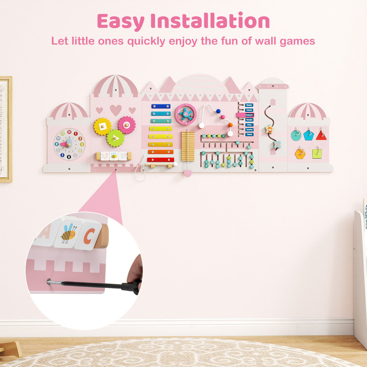 Pink Castle Wooden Busy Board | 11 In 1 Montessori Wall Panels
