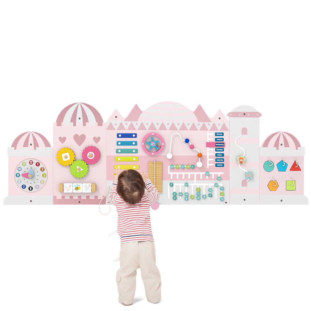 Pink Castle Wooden Busy Board | 11 In 1 Montessori Wall Panels