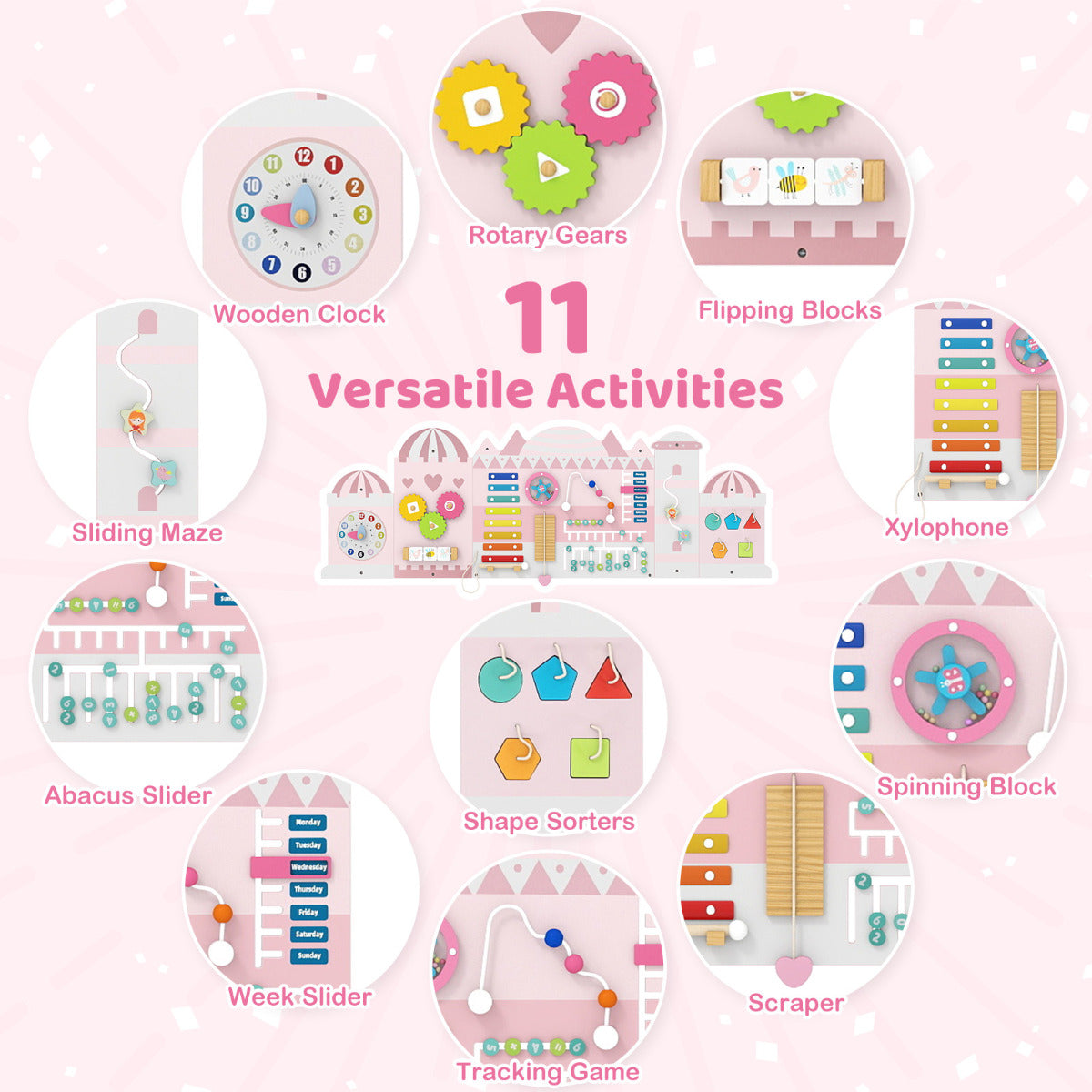 Pink Castle Wooden Busy Board | 11 In 1 Montessori Wall Panels