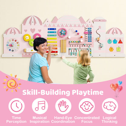 Pink Castle Wooden Busy Board | 11 In 1 Montessori Wall Panels