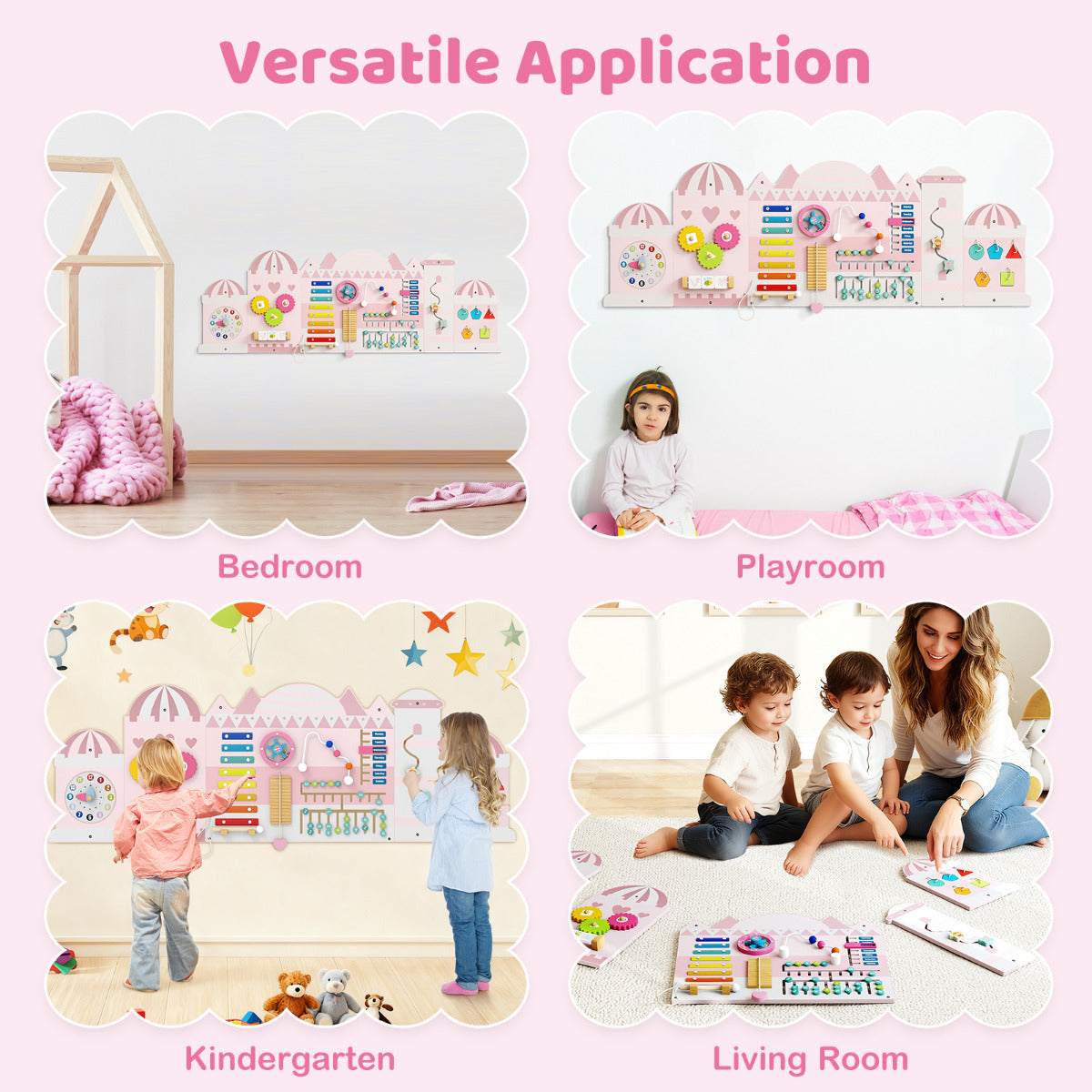 Pink Castle Wooden Busy Board | 11 In 1 Montessori Wall Panels