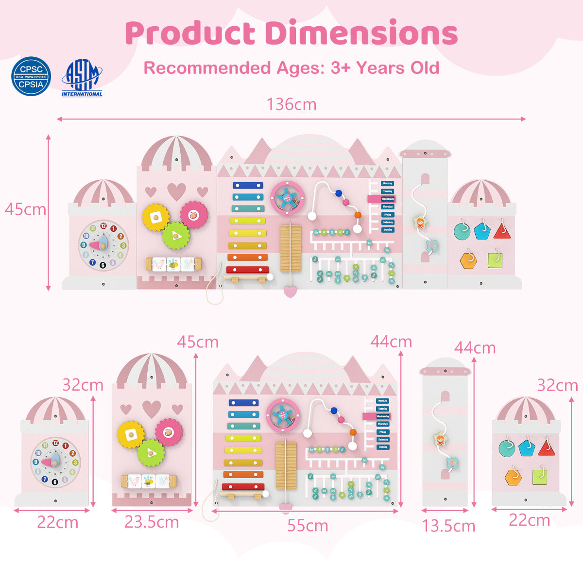 Pink Castle Wooden Busy Board | 11 In 1 Montessori Wall Panels