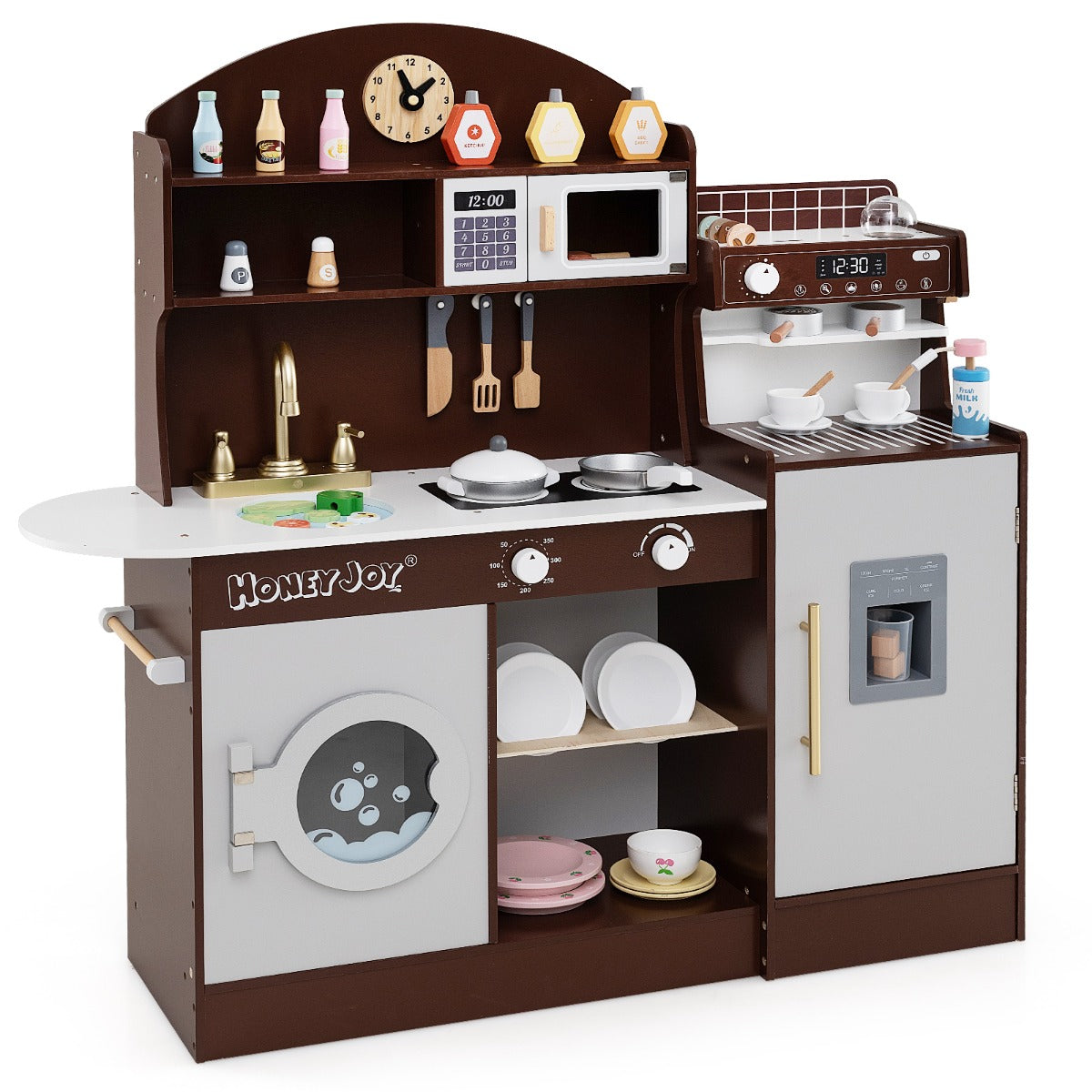 Costway Wooden Kitchen Playset with Clock and Microwave-Coffee