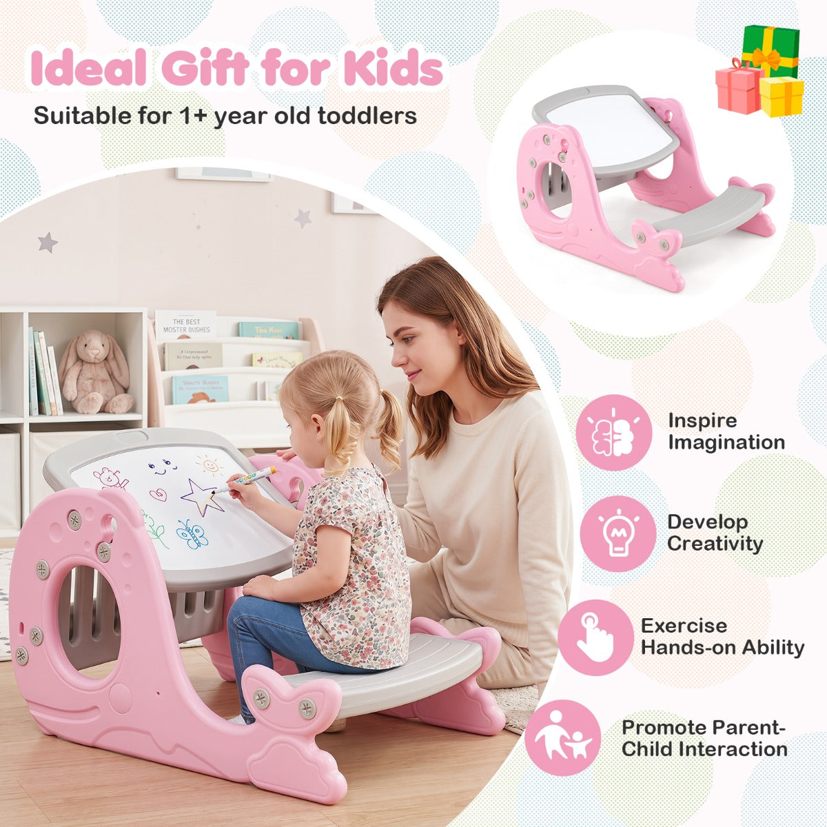 Pink Kids Activity Table With Bench & Easel | 4-in-1 Design