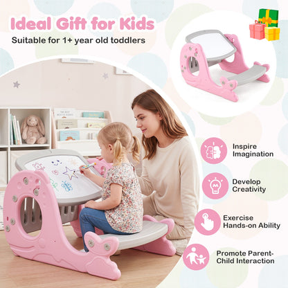 Pink Kids Activity Table With Bench & Easel | 4-in-1 Design