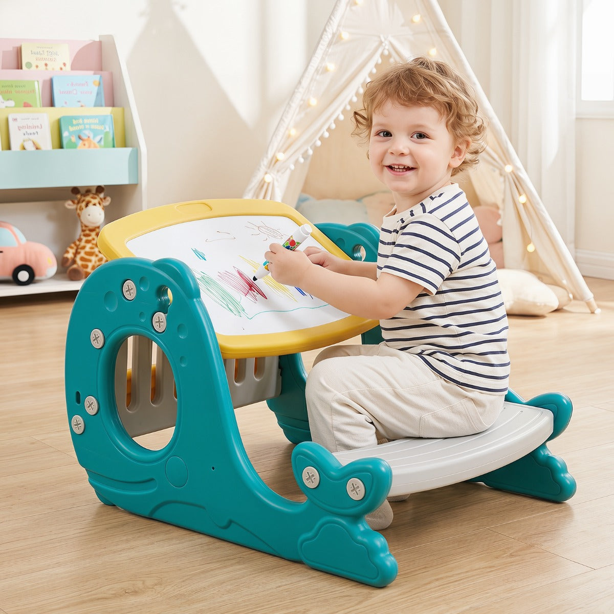 Kids Activity Table with Bench & Easel | 4-in-1 Yellow Set