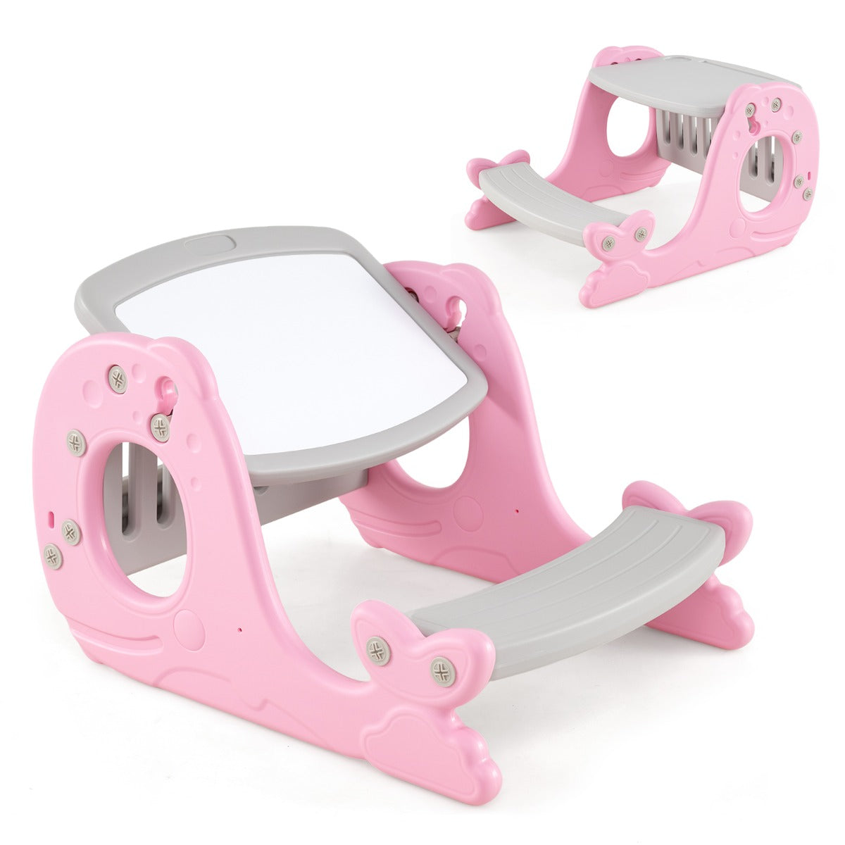 Pink Kids Activity Table With Bench & Easel | 4-in-1 Design